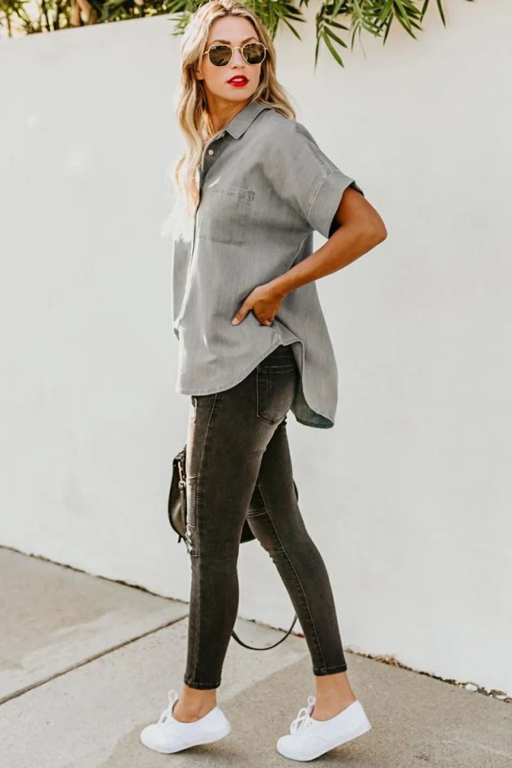 Online Dear-Lover Turn-down Collar Short Sleeve Denim Shirt Black