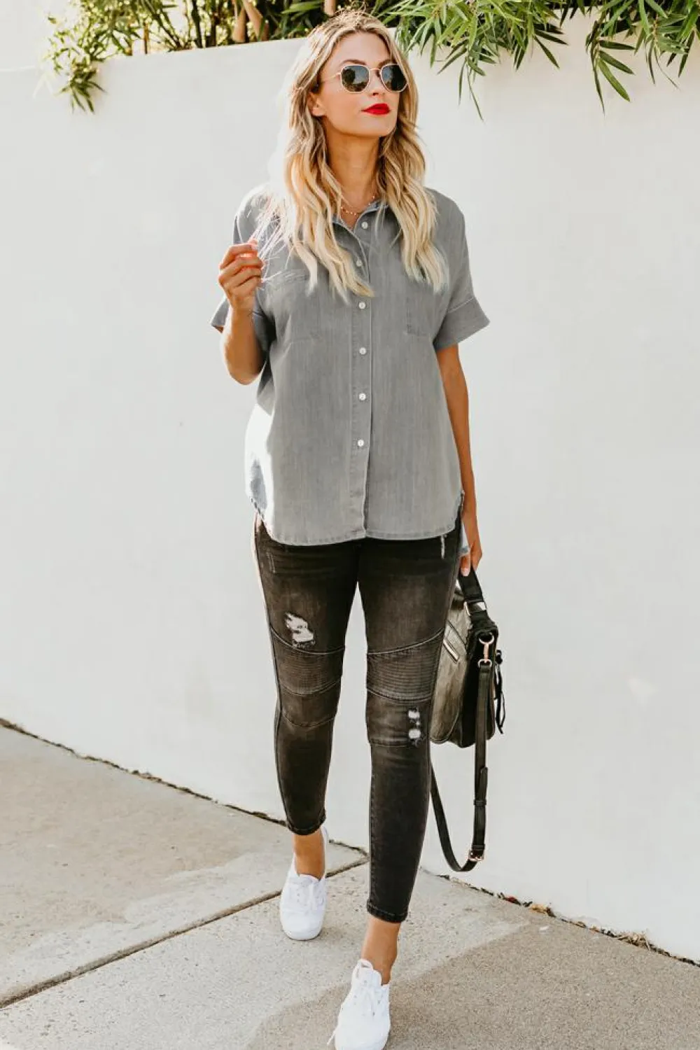 Online Dear-Lover Turn-down Collar Short Sleeve Denim Shirt Black