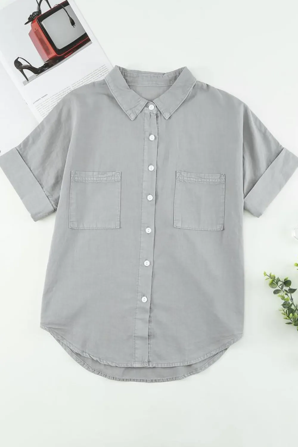 Online Dear-Lover Turn-down Collar Short Sleeve Denim Shirt Black