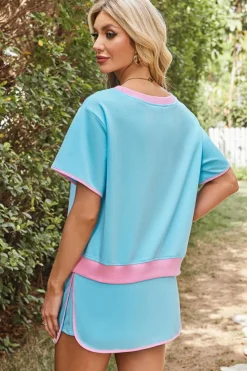 Fashion Dear-Lover Colorblock Edge Drop Shoulder T Shirt and Skort 2Pcs Set Turquoise