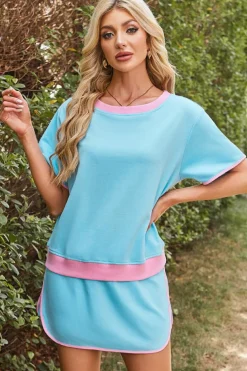 Fashion Dear-Lover Colorblock Edge Drop Shoulder T Shirt and Skort 2Pcs Set Turquoise