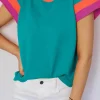Fashion Dear-Lover Contrast Flutter Sleeves Knitted Sweater T Shirt Turquoise