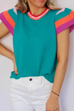 Fashion Dear-Lover Contrast Flutter Sleeves Knitted Sweater T Shirt Turquoise