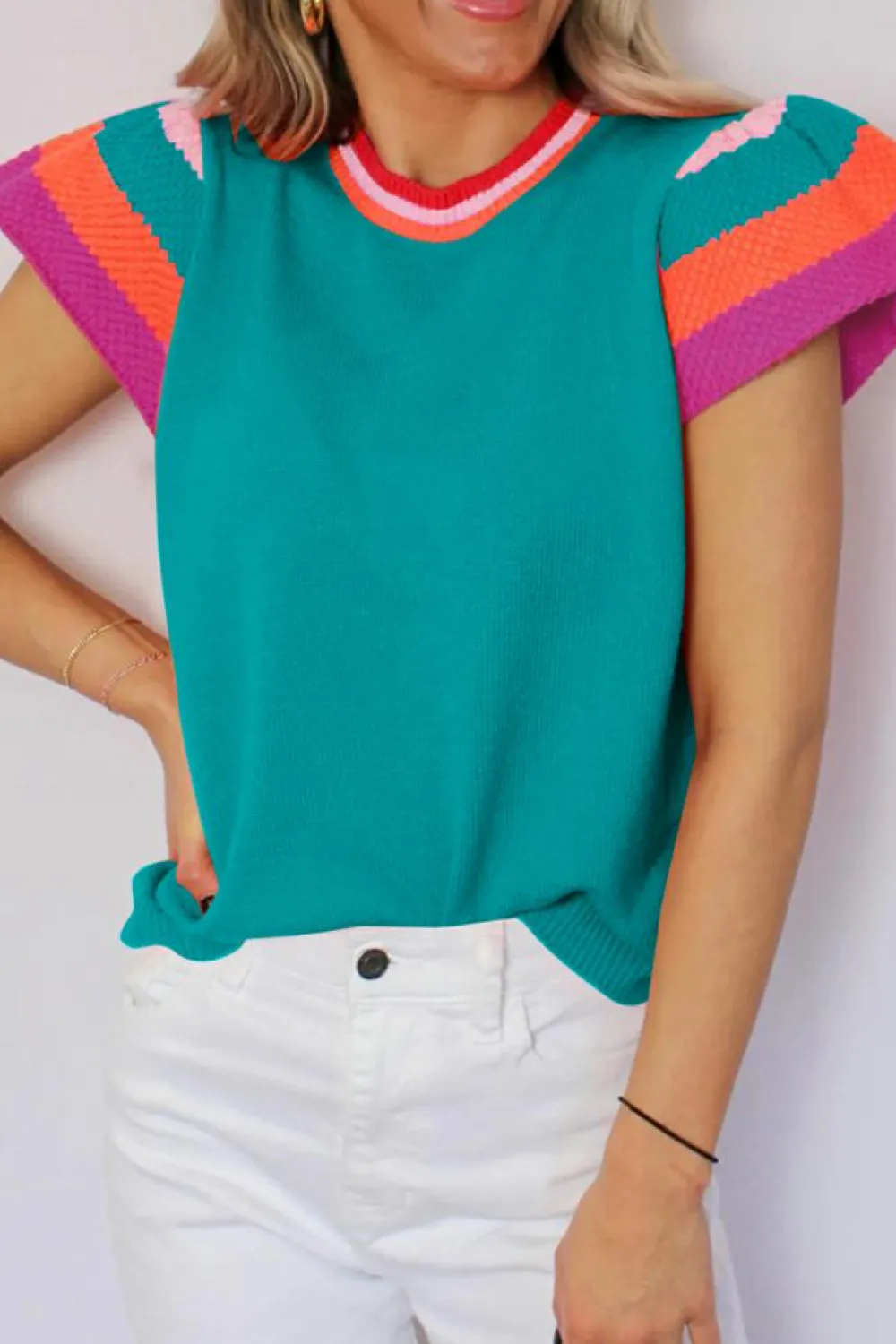 Fashion Dear-Lover Contrast Flutter Sleeves Knitted Sweater T Shirt Turquoise