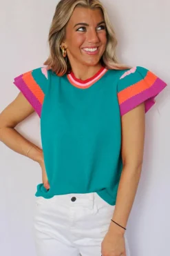 Fashion Dear-Lover Contrast Flutter Sleeves Knitted Sweater T Shirt Turquoise