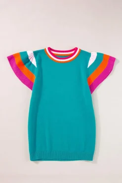 Fashion Dear-Lover Contrast Flutter Sleeves Knitted Sweater T Shirt Turquoise