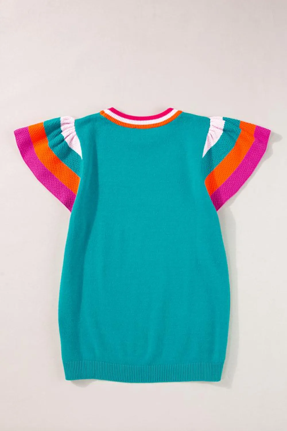 Fashion Dear-Lover Contrast Flutter Sleeves Knitted Sweater T Shirt Turquoise