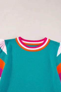 Fashion Dear-Lover Contrast Flutter Sleeves Knitted Sweater T Shirt Turquoise