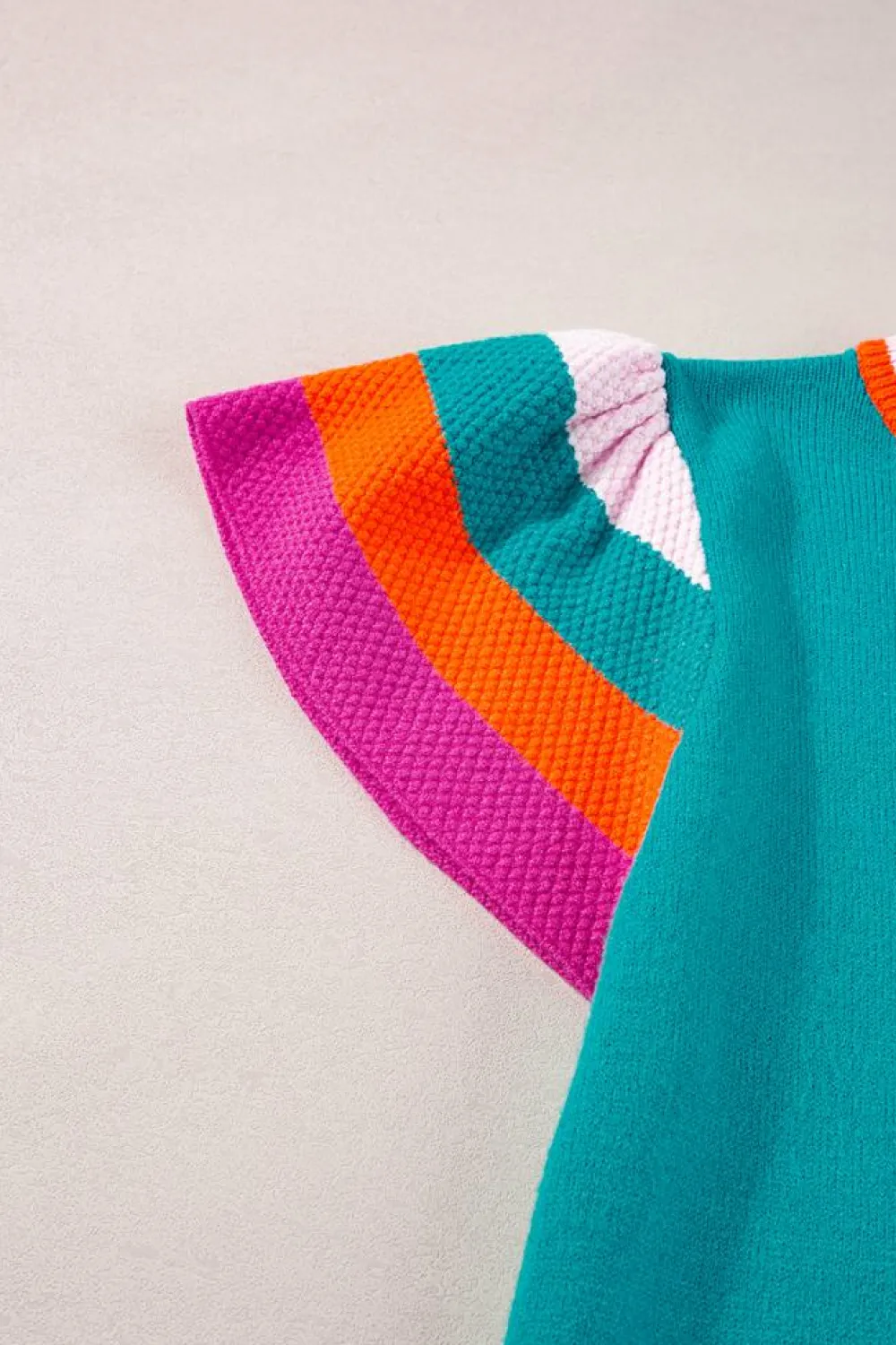 Fashion Dear-Lover Contrast Flutter Sleeves Knitted Sweater T Shirt Turquoise
