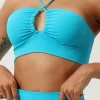 Clearance Dear-Lover Crossed Spaghetti Straps Ruched Keyhole Sports Bra Turquoise