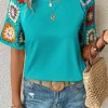 Hot Dear-Lover Floral Crochet Short Sleeve Top Turquoise