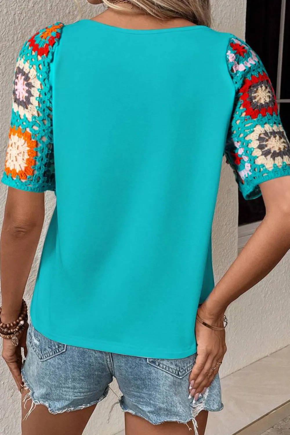Hot Dear-Lover Floral Crochet Short Sleeve Top Turquoise