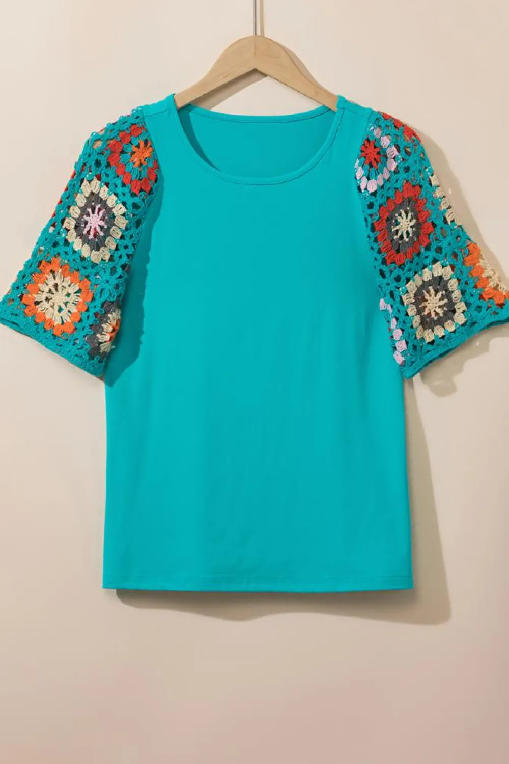 Hot Dear-Lover Floral Crochet Short Sleeve Top Turquoise