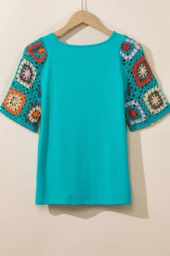 Hot Dear-Lover Floral Crochet Short Sleeve Top Turquoise