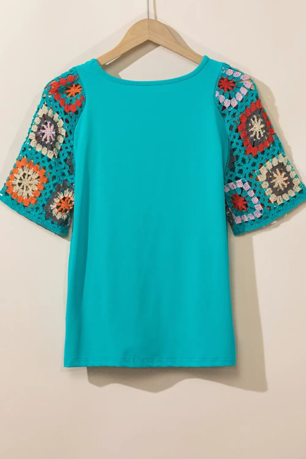 Hot Dear-Lover Floral Crochet Short Sleeve Top Turquoise