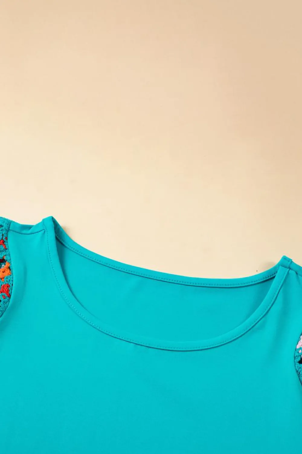 Hot Dear-Lover Floral Crochet Short Sleeve Top Turquoise