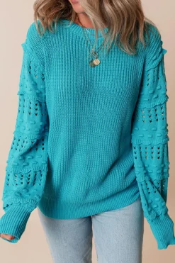 Outlet Dear-Lover Ruffled Eyelet Bubble Sleeve Sweater Turquoise