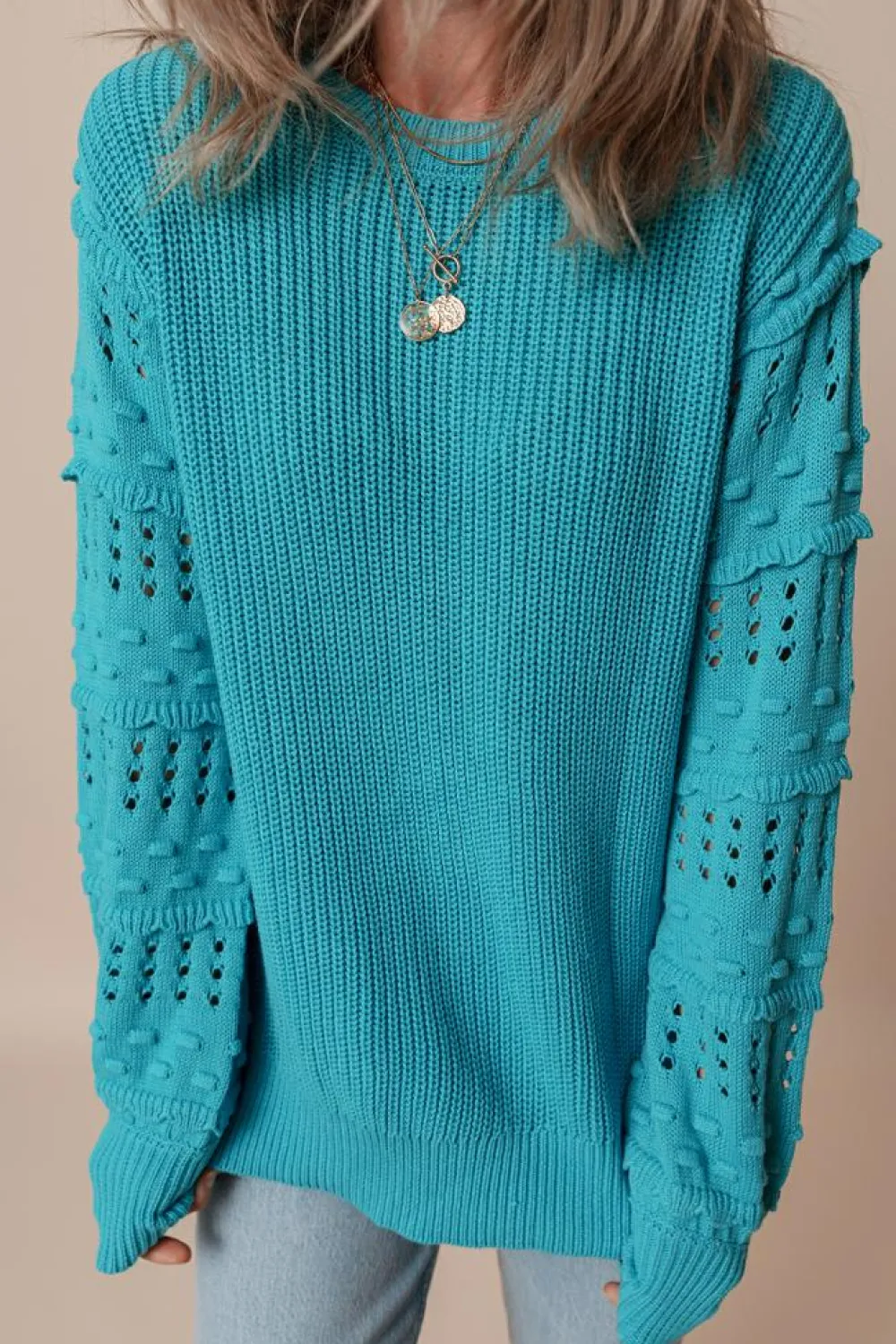 Outlet Dear-Lover Ruffled Eyelet Bubble Sleeve Sweater Turquoise