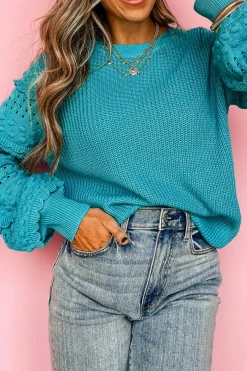 Outlet Dear-Lover Ruffled Eyelet Bubble Sleeve Sweater Turquoise