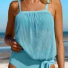Outlet Dear-Lover Striped Mesh Knotted Hem Tankini Swimsuit Turquoise