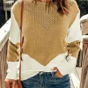 Fashion Dear-Lover Two-Tone Chevron Pullover Sweater Brown