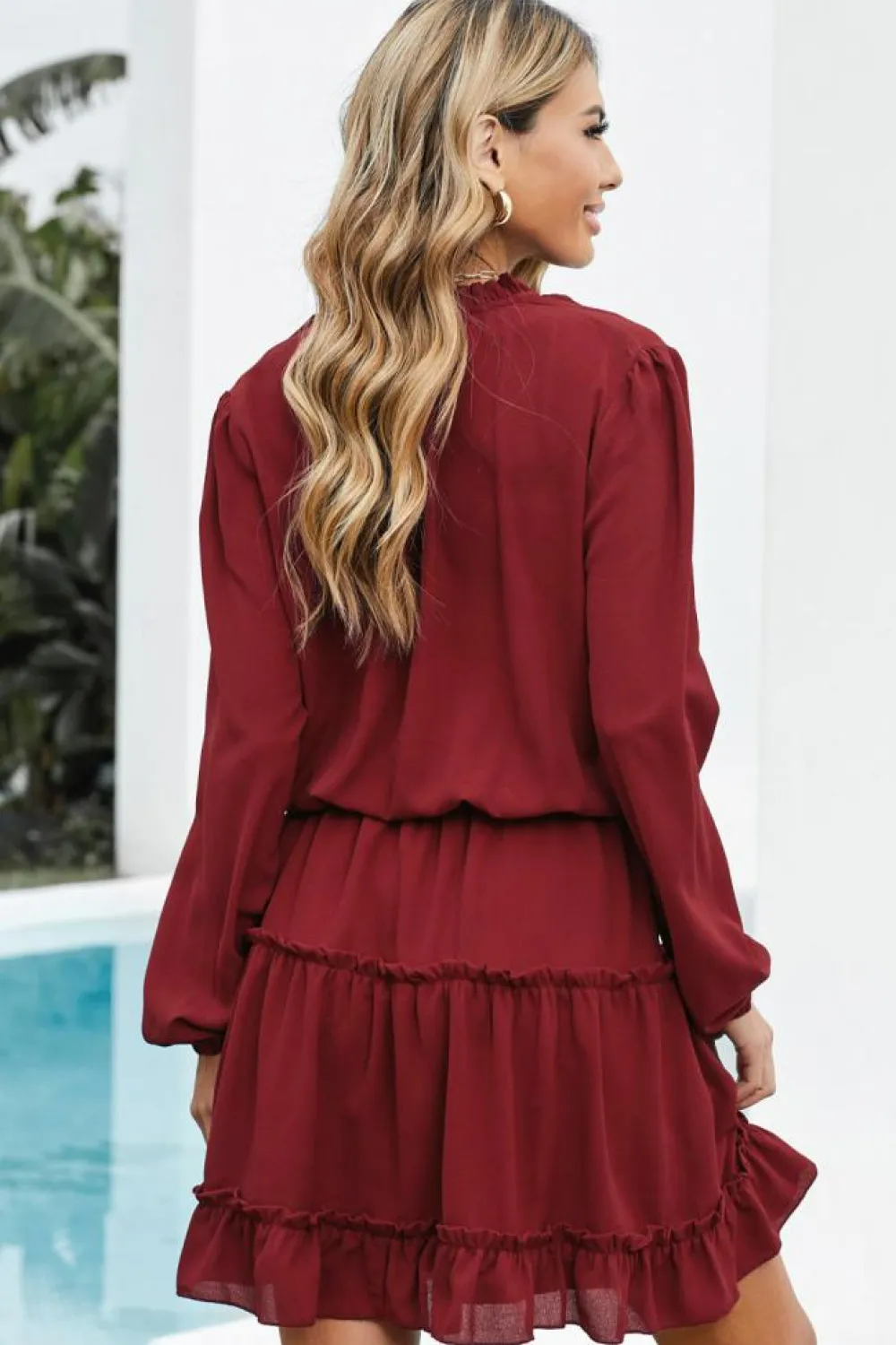 Sale Dear-Lover V Neck Long Sleeve Ruffle Tiered Mini Dress Fiery Red