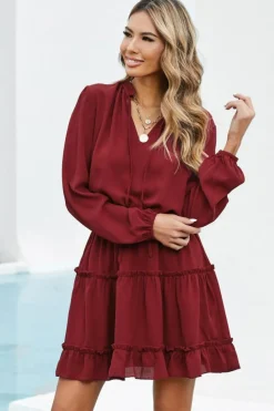 Sale Dear-Lover V Neck Long Sleeve Ruffle Tiered Mini Dress Fiery Red