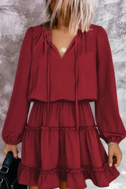 Sale Dear-Lover V Neck Long Sleeve Ruffle Tiered Mini Dress Fiery Red