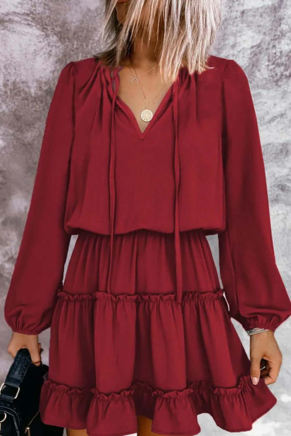 Sale Dear-Lover V Neck Long Sleeve Ruffle Tiered Mini Dress Fiery Red