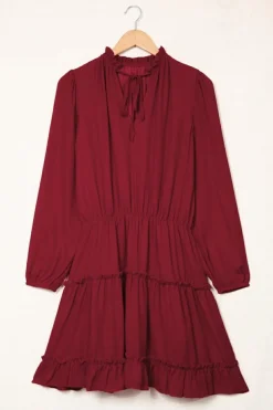 Sale Dear-Lover V Neck Long Sleeve Ruffle Tiered Mini Dress Fiery Red