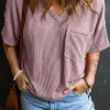 New Dear-Lover Corded V Neck Chest Pocket Loose T-shirt Valerian
