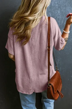 New Dear-Lover Corded V Neck Chest Pocket Loose T-shirt Valerian