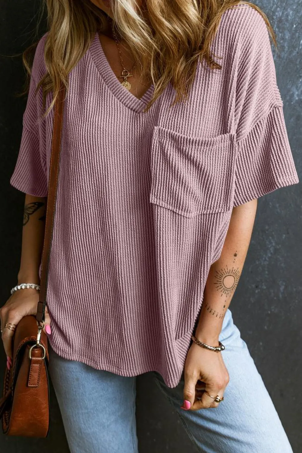 New Dear-Lover Corded V Neck Chest Pocket Loose T-shirt Valerian