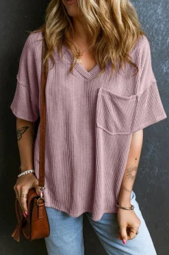 New Dear-Lover Corded V Neck Chest Pocket Loose T-shirt Valerian