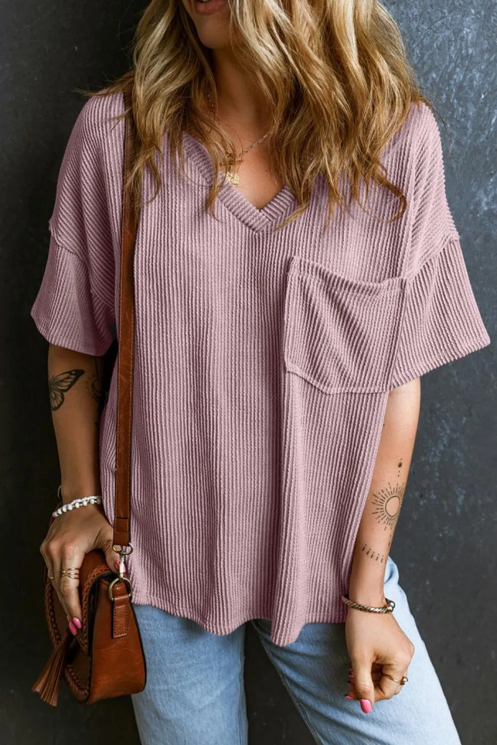 New Dear-Lover Corded V Neck Chest Pocket Loose T-shirt Valerian