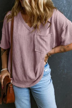 New Dear-Lover Corded V Neck Chest Pocket Loose T-shirt Valerian