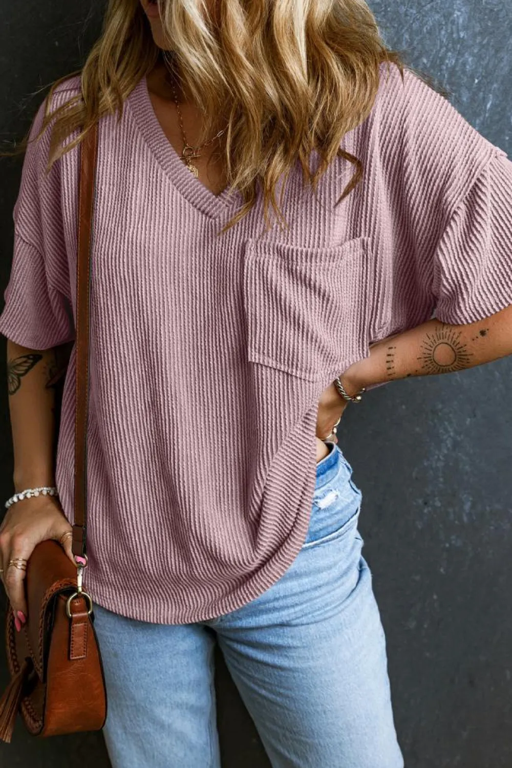 New Dear-Lover Corded V Neck Chest Pocket Loose T-shirt Valerian