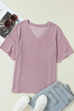 New Dear-Lover Corded V Neck Chest Pocket Loose T-shirt Valerian