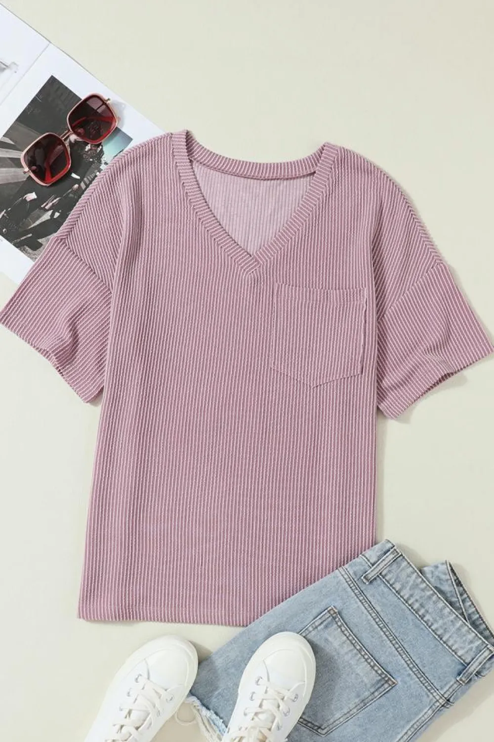 New Dear-Lover Corded V Neck Chest Pocket Loose T-shirt Valerian