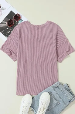 New Dear-Lover Corded V Neck Chest Pocket Loose T-shirt Valerian