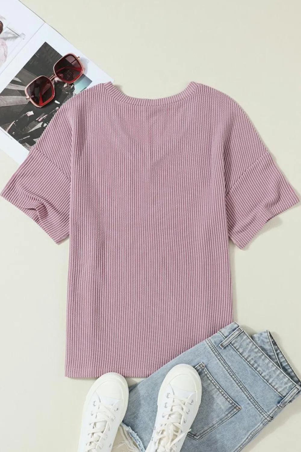New Dear-Lover Corded V Neck Chest Pocket Loose T-shirt Valerian