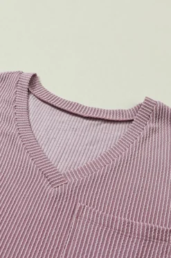 New Dear-Lover Corded V Neck Chest Pocket Loose T-shirt Valerian
