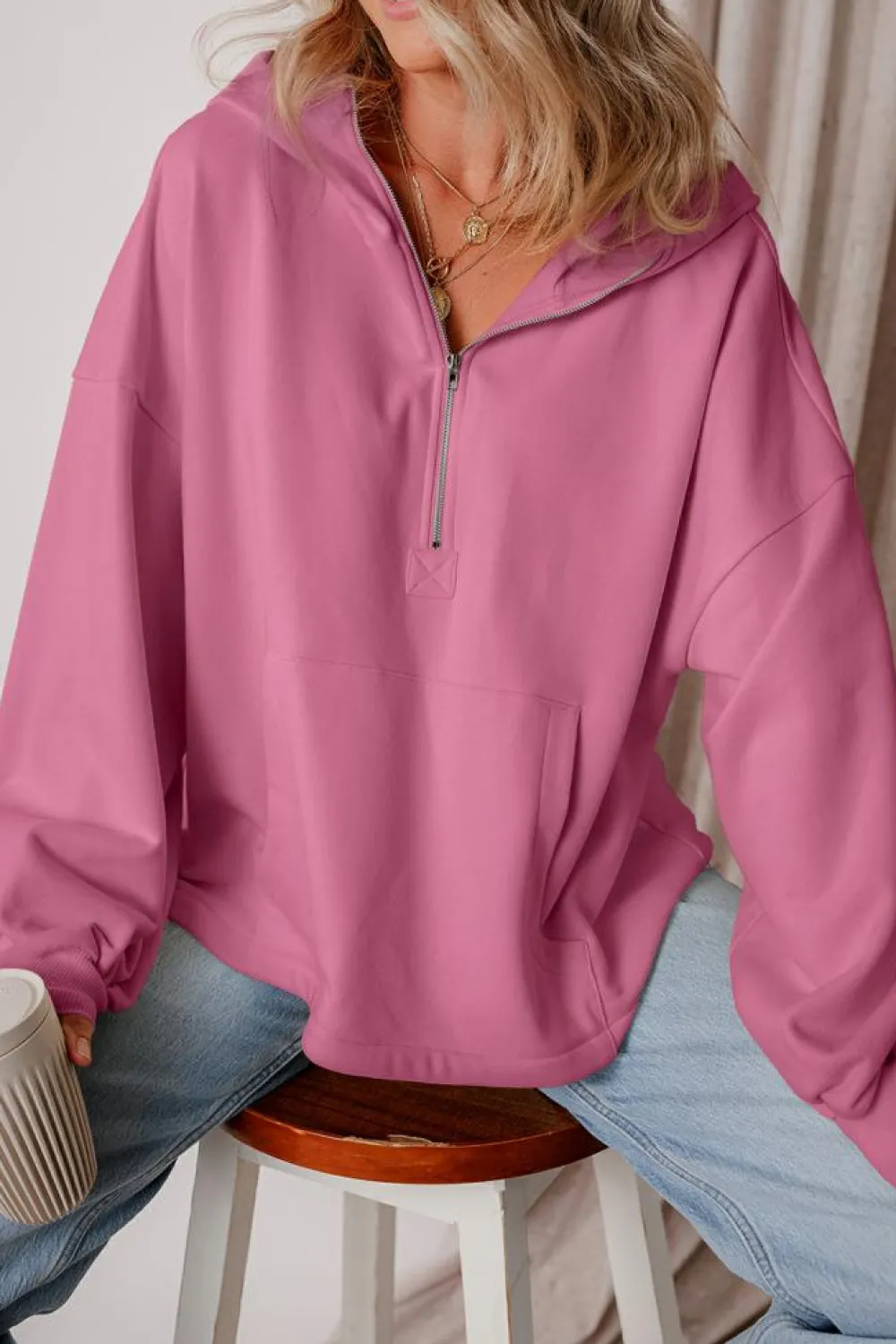Outlet Dear-Lover Fleece Lined Half Zipper Kangaroo Pockets Loose Hoodie Valerian
