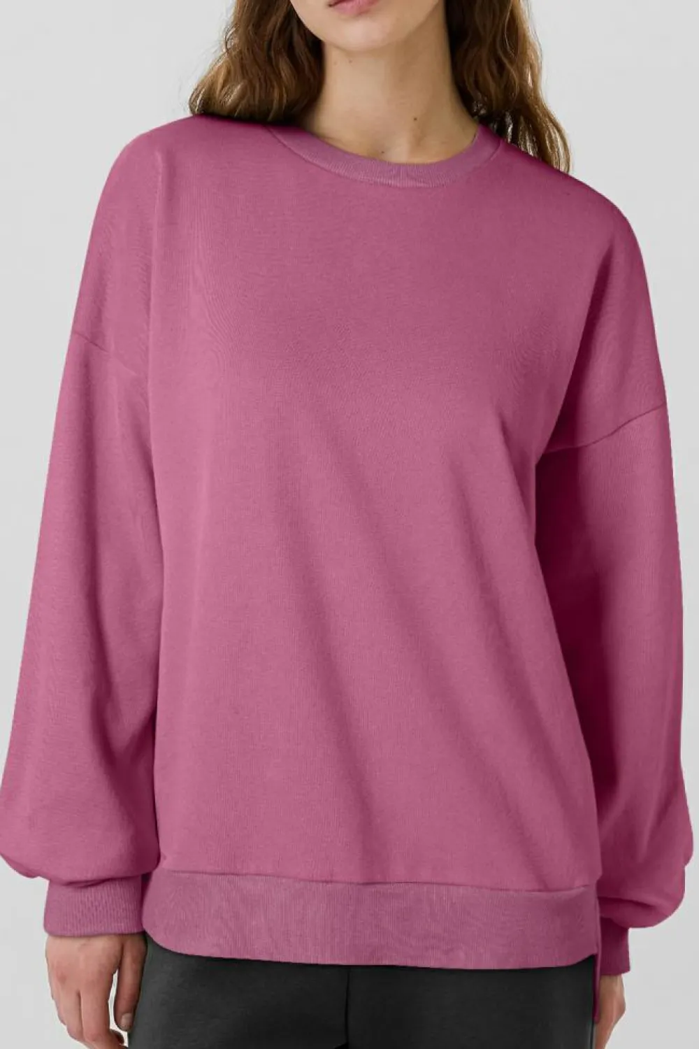 Clearance Dear-Lover Solid Fleece Lined Drop Shoulder High Low Sweatshirt Valerian