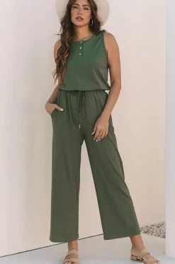 Clearance Dear-Lover Buttoned Drawstring Waist Sleeveless Wide Leg Jumpsuit Vineyard Green