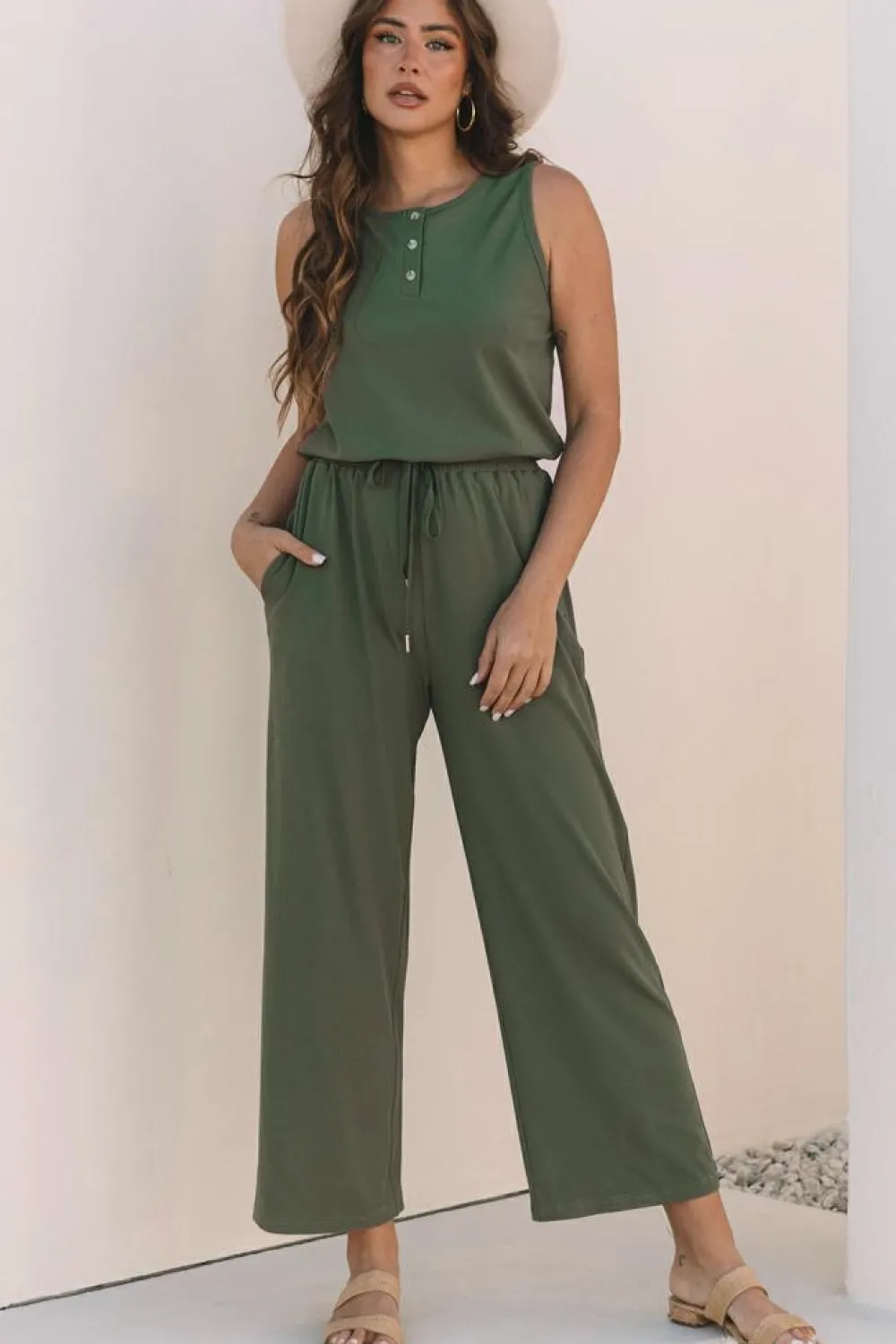 Clearance Dear-Lover Buttoned Drawstring Waist Sleeveless Wide Leg Jumpsuit Vineyard Green