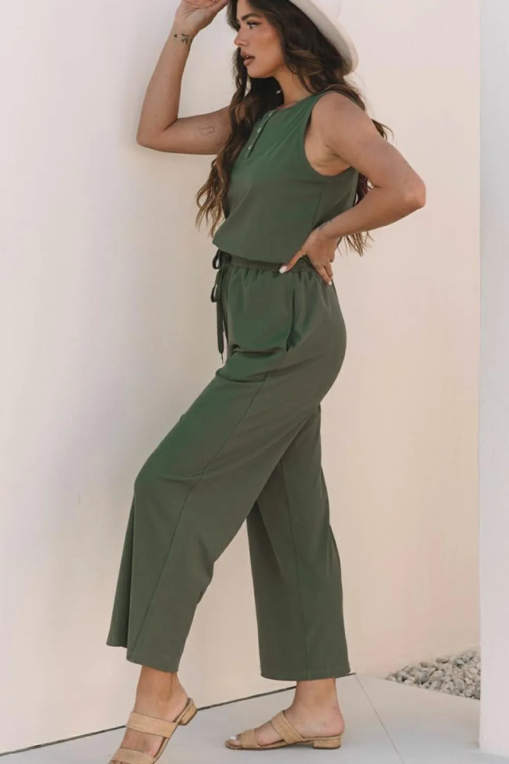 Clearance Dear-Lover Buttoned Drawstring Waist Sleeveless Wide Leg Jumpsuit Vineyard Green