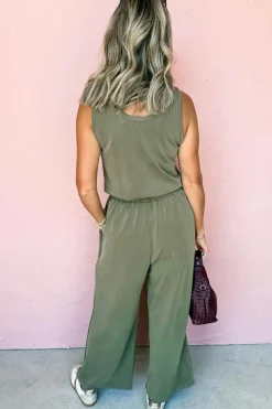 Clearance Dear-Lover Buttoned Drawstring Waist Sleeveless Wide Leg Jumpsuit Vineyard Green