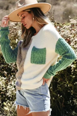 Sale Dear-Lover Colorblock Patched Pocket Drop Shoulder Sweater Vineyard Green