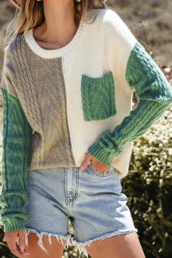 Sale Dear-Lover Colorblock Patched Pocket Drop Shoulder Sweater Vineyard Green